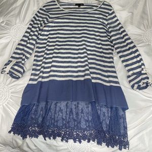 Blue and white striped shirt with lace detailing